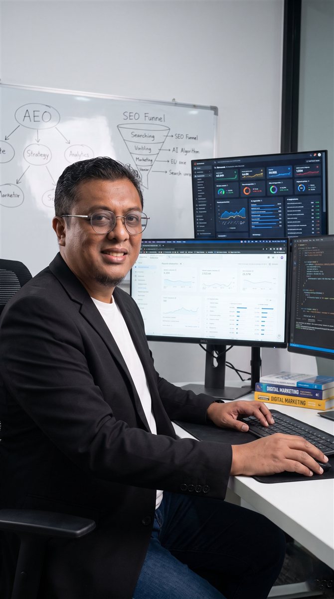 Khai Rambo, founder of Khai Rambo Consultancy, working at a multi-monitor desk with SEO and AEO strategy notes on the whiteboard behind him