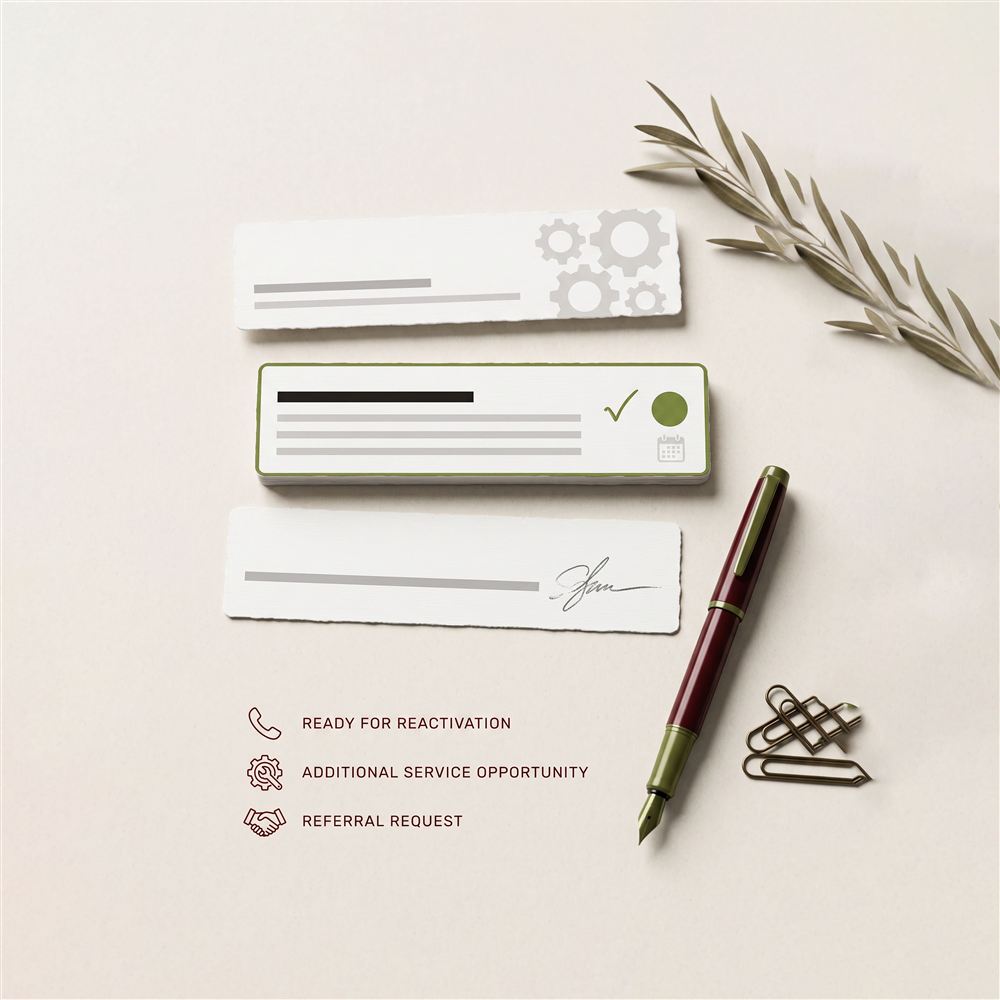 Customer record cards marked ready for reactivation, additional service opportunity and referral request