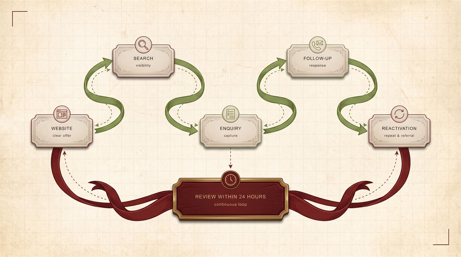 Blueprint diagram connecting website, search, enquiry and follow-up around a reactivation loop, with a ribbon marking review within 24 hours of launch