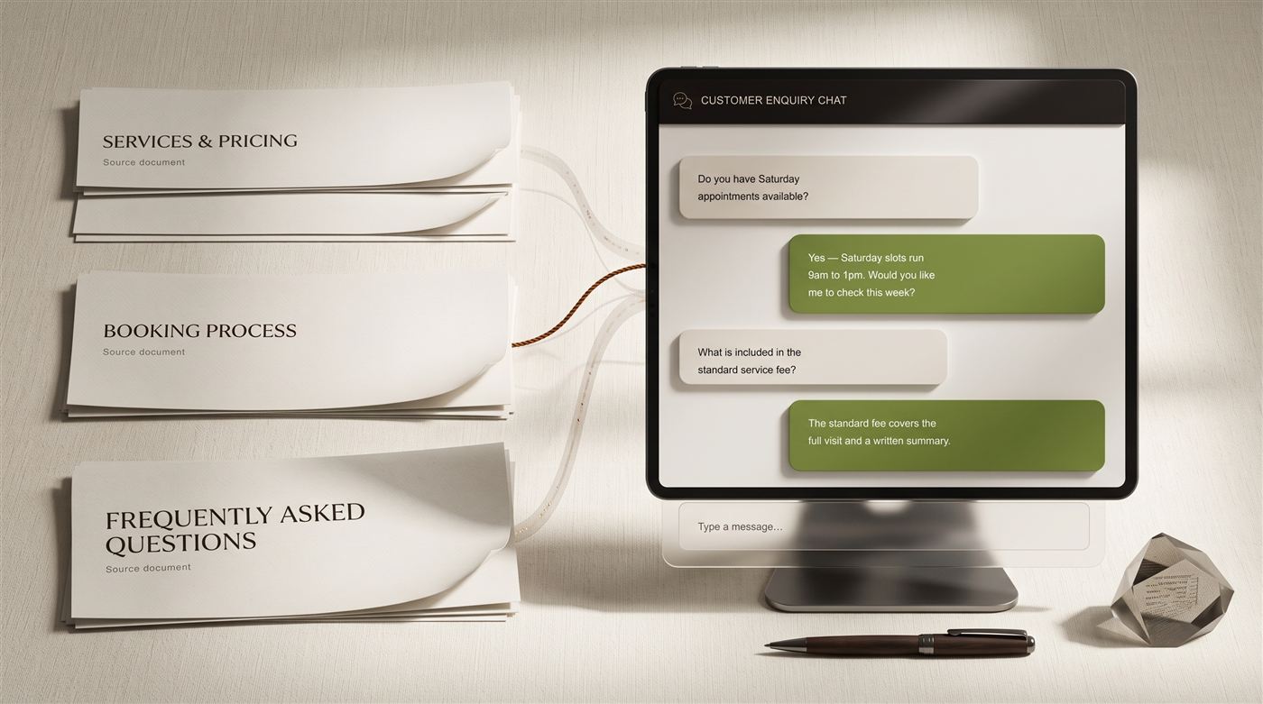 Services, booking process and FAQ source documents connecting to a customer enquiry chat answering a real question about Saturday appointments