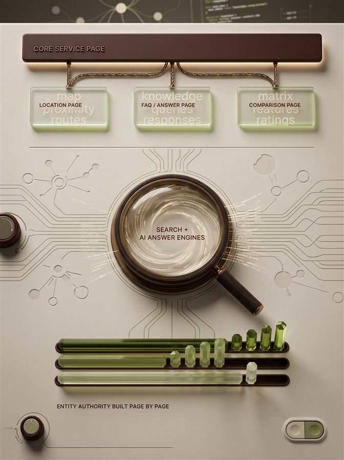 Content structure diagram linking location, FAQ and comparison pages through a search icon labelled Search and AI Answer Engines