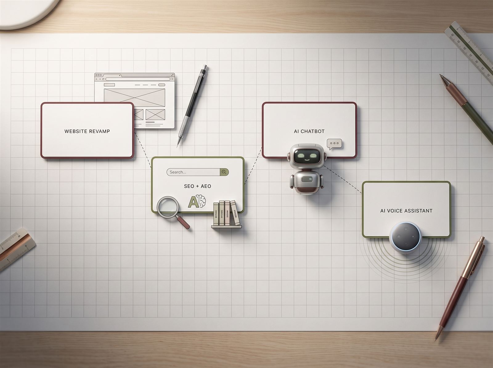 Overhead desk view of cards labelled Website Revamp, SEO + AEO, AI Chatbot and AI Voice Assistant surrounded by planning tools