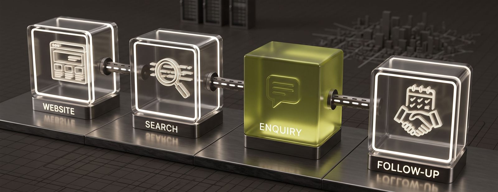 Glowing glass blocks labelled Website, Search, Enquiry and Follow-up connected in a single sequence